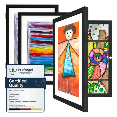 (A4-3 Pack, Black) Kids Art Frames, Pack A4 Fillable Front Opening Photo Frames, Display Frames 