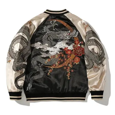 (beige, XXXL) Embroidered Dragon Hip Hop Jacket Contrast Color High Street Baseball Coat Harajuk