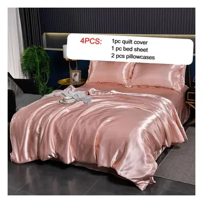 (light pink, King pcs) 4pcs/set Summer Smooth Nude Sleeping Silky Bedding Set Light Luxury Satin