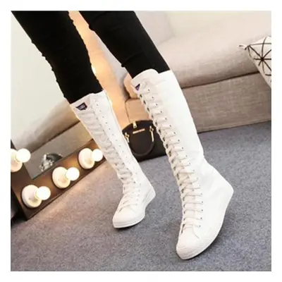 (white, 41) Women Motorcycle Flat Tall Punk Shoes Womens Knee High Boots Ladies Canvas Lace Up Z