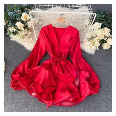 (red, Uniform code) Fashion European Style Lantern Sleeve Ruffle Dress Women Elegant V Neck Belt