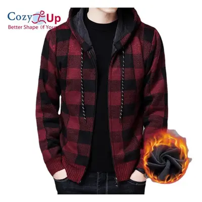 (red, M) Cozy Up Men&apos;s Sweater Coat Autumn Winter Thick Warm Hooded Plaid Wool Sweater Card