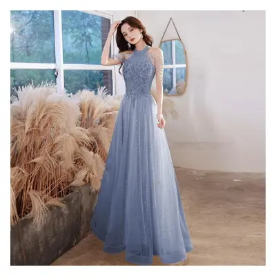 (blue, S) Elegant Celebrity Dress Sequins Beading Halter With Tassel Sleeve A Line Exquisite Flo