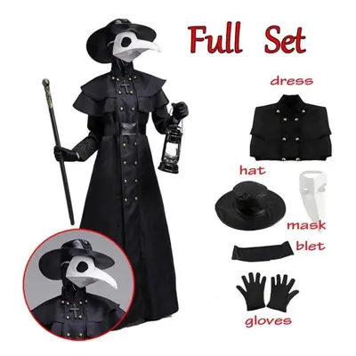 (black, XXXL) Halloween Plague Doctor Costume Robe Cape Steampunk Beak Mask Costume Plague Beak 