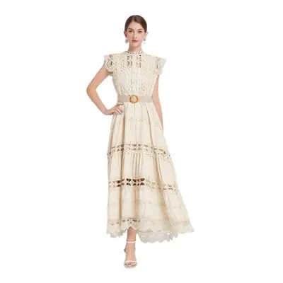 (beige, XXL) Summer French Vintage Long Maxi Holiday Dress Hollow Out Embroidery Lace High Quali