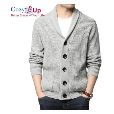 (light grey, XL) Cozy Up Men&apos;s Lambswool Long-sleeve Shawl Collar Cardigan Sweater