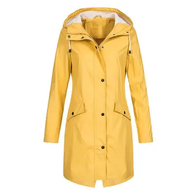 (yellow, 4XL) Women&apos;s Solid Rain Jacket Outdoor Hoodie Waterproof Long Coat Overcoat Windpr