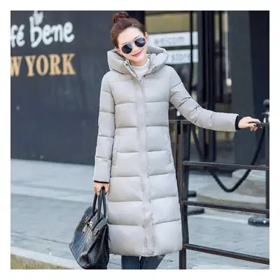 (light grey, M) Winter Down Cotton White Duck Down Warm Hooded Jacket Thickened Warmth Long Over