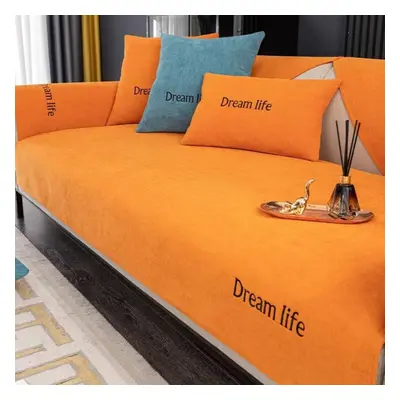 (orange, 110x240cm) Chenille Modern Sofa Cover Four Seasons Universal Embroidery Solid Color Sof