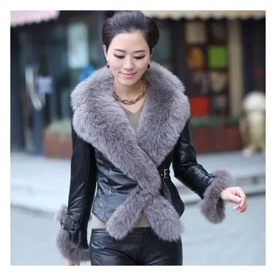 (black, L) Scione Pu Leather Stitching Braided Fur Collar Short Leather Coat Large Fur Collar Wa