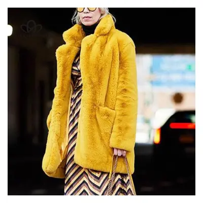 (yellow, 2XL) Long Fashion Fur Plush Warm Elegant Casual Loose Coat Winter Thickened Lapel Fluff