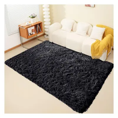 (160cm x 230cm OR 5ft 3" x 7ft 6"- Large Area Rug, Black- Area Rug) Large Fluffy Shaggy Rugs Non