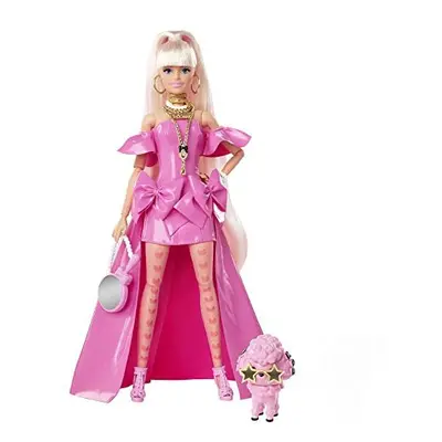 ?Barbie Extra Fancy Doll in Pink Glossy High-Low Gown, with Pet Puppy, Extra-Long Hair & Accesso