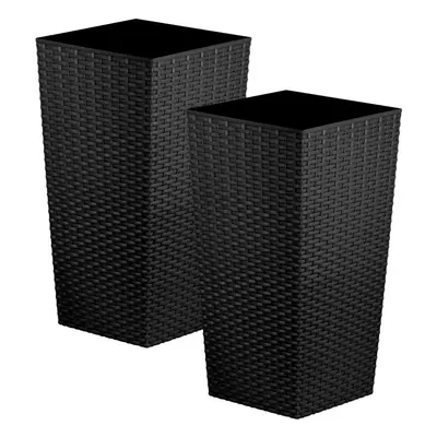 (Black, Lt) Tall Square Plastic Rattan Indoor/Outdoor Planters, Set of 2, Black, Litre