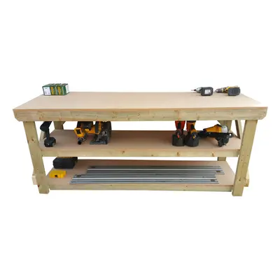 (4, Standard Legs) Workbench MDF Top Wooden With Double shelf Industrial Garage Heavy Duty Table