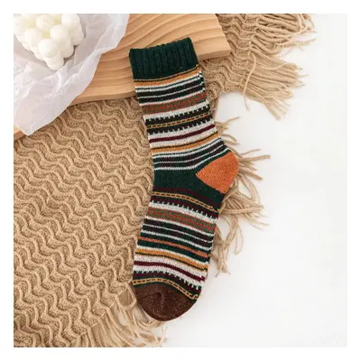 (Green) Pairs Men Rabbit Fur Wool Blend Geometric Striped Jacquard Color-match Thicken Warmth So