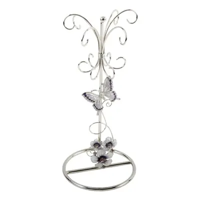 Glass Jewellery Holder with Purple Butterfly Flowers and Pink Crystals