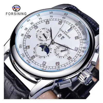 (white,silver) Forsining Moon Phase Shanghai Movement Rose Gold Case Brown Genuine Leather Strap