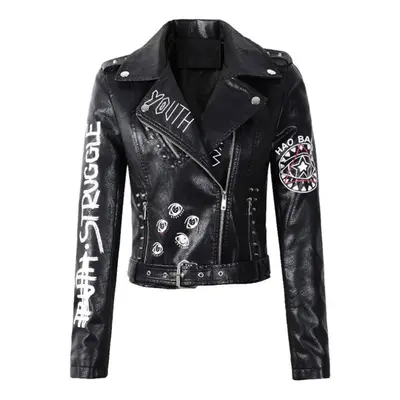 (black, S) Autumn Leather Jacket Women Printed Rivet Punk Jackets Faux Leather Biker Coats Slim 