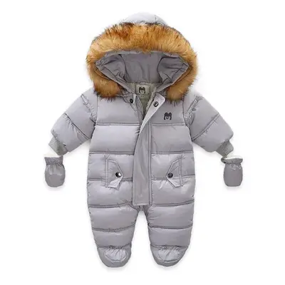 (grey, 80CM) Thick Warm Infant Baby Jumpsuit Hooded Inside Fleece Boy Girl Winter Autumn Overall