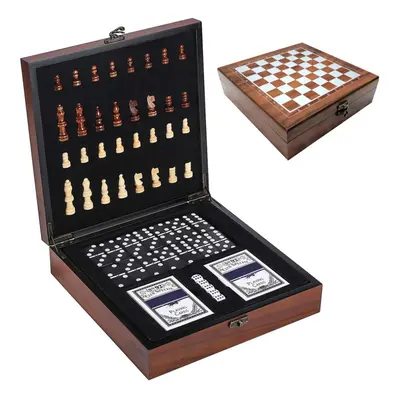 (Brown) 4-IN-1 Chess Set Kids Adults Chess Board Game for Playing Chess Cards Dices Dotted Tiles