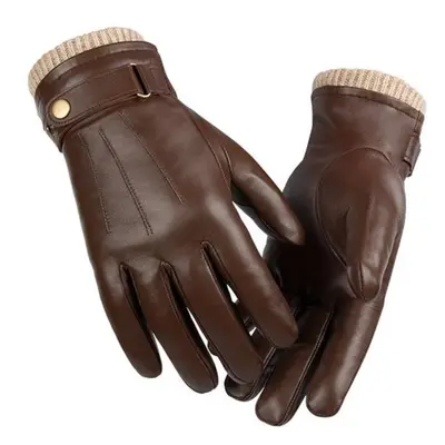 (brown, XL) Men Sheepskin Leather Gloves Outdoor Sport Warm Wool Lined Vintage Daily Dress Drivi