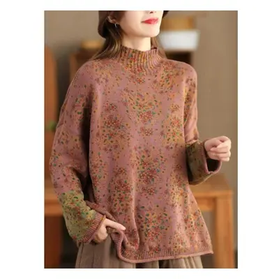 (pink, One Size) Johnature Women Pullover Sweaters Mock Neck Long Sleeve Patchwork Print Floral 