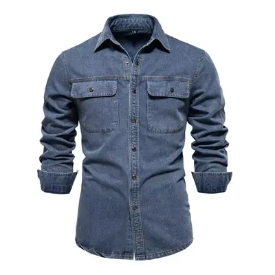 (dark blue, EUR 75-85kg) Aiopeson 100% Cotton Men Denim Shirts Double Pocket Casual Cowboy Mens 