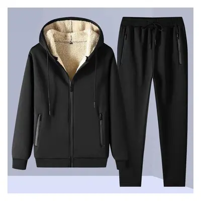 (black, M) Warm Sport Suit Men Pieces/set Winter Sportsuit Thermal Hoodies Sets Fleece Tracksuit