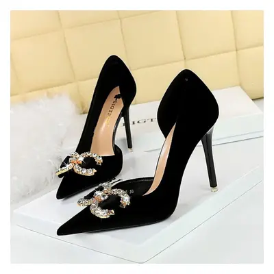 (black, 34) Banquet High Heels Thin Heels Shallow Mouth Pointed Side Hollowed Out Thickened Sued