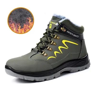 (green, 47) Men&apos;s Plush Safety Boots Steel Toe Warm Work Shoes Waterproof Anti-puncture Ant