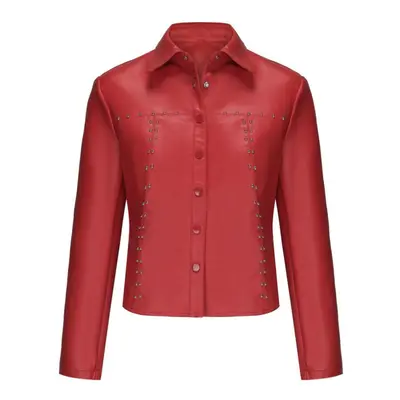 (red, M) Women's Rivet Jackets Faux Leather Lapel Button Up Long Sleeves Jacket Punk Rock Style 