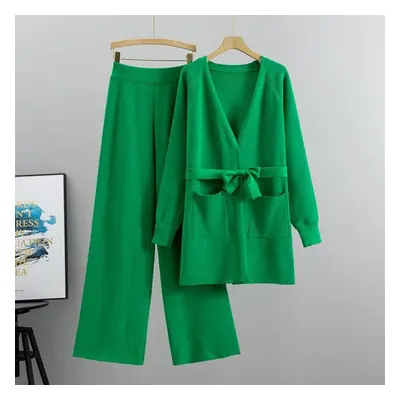 (green, M) Spring And Autumn Women&apos;s Knitted Set Wide Leg Pants Knitted Cardigan Jacket Two