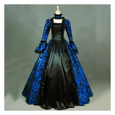 (blue, XXL) Women Fall Winter Gothic Retro Floral Print Ball Gowns Gowns Dress