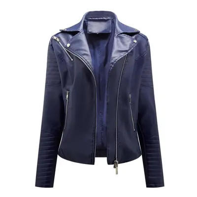 (navy blue, M) Faux Leather Jacket For Women Turn Down Collar Diagonal Zip Pu Moto Biker Coat Ca