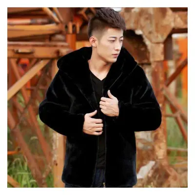 (black, L) Fashion Winter Mens Coat Hooded Coat Warm Overcoat Men Fluffy Plush Coat Male Plus Si