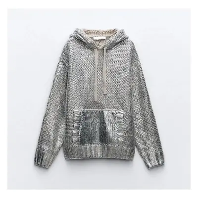 (M, silver) Women&apos;s Hoodie With Metal Knitted Thread Silvery Hooded Knit Pullover Big Pocke