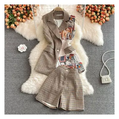 (khaki, L) Spring Autumn Women Vintage Print Plaid Designer Runway Outfits Fashion Blazer Coat A