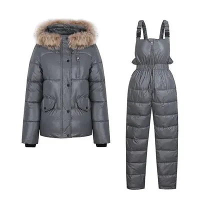 (grey, L) Women Winter Short Hooded Glossy Windproof Waterproof Coat Two Pieces Suit Puffer Jack