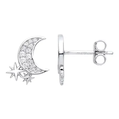 Jewelco London Ladies Rhodium Plated Sterling Silver Crescent Moon Sparkly Stars Stud Earrings -