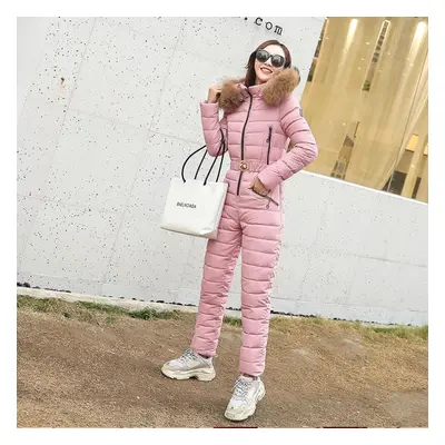 (pink, M) One Piece Ski Suit Women Jackets Winter Fur Collar Hooded Parka Jumpsuit Cotton Bodysu