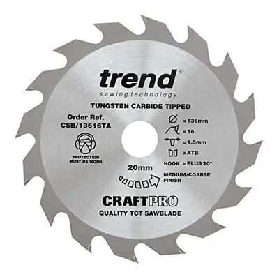 CraftPro TCT Cordless Thin Kerf Sawblade for Wood, 136mm Diameter, 20mm Bore, Teeth, 1.5mm Kerf,