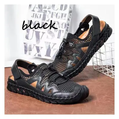 (black, 42) Breathable Mesh Sandals For Men Summer Casual Beach Sandals Genuine Cowhide Flats Sa