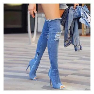 (light blue, 40) Boots Womens Fashion Sexy Denim Long Boots Street Over The Knee Fish Mouth Retr