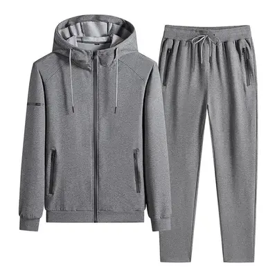 (grey, XL) Spring Men&apos;s Large Size Hooded Suit Cardigan Sweatshirt Sports Pants Suit