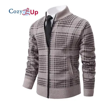 (beige, L) Cozy Up Men&apos;s Knitted Sweater Slim Turtleneck Long Sleeves Casual Plaid Jacket