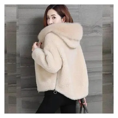 (beige, XXXL) Women&apos;s Faux Fur Coat Winter Solid Color Hooded Zipper Short Jacket Female La