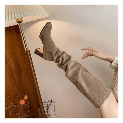 (apricot, 34) Krazing Pot Flock Autumn Winter Shoes Pleated Decoration Women Knee Boots