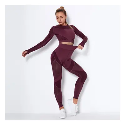 (burgundy, XS) Women&apos;s Seamless Mesh Hole Fast Drying O Neck Long Sleeve Stripe Fitness Pan