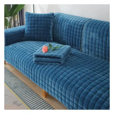 (blue, 110x240cm) Solid Color Non-slip Sofa Cover Thickened Soft Plush Sofa Cushion Towel For Li